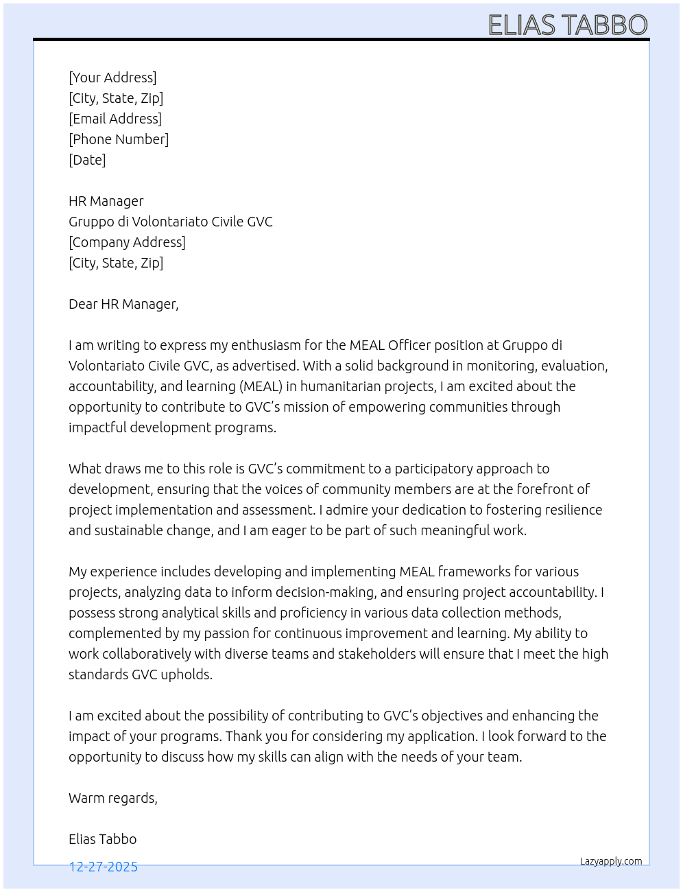 MEAL Officer At Gruppo di Volontariato Civile GVC Cover Letter