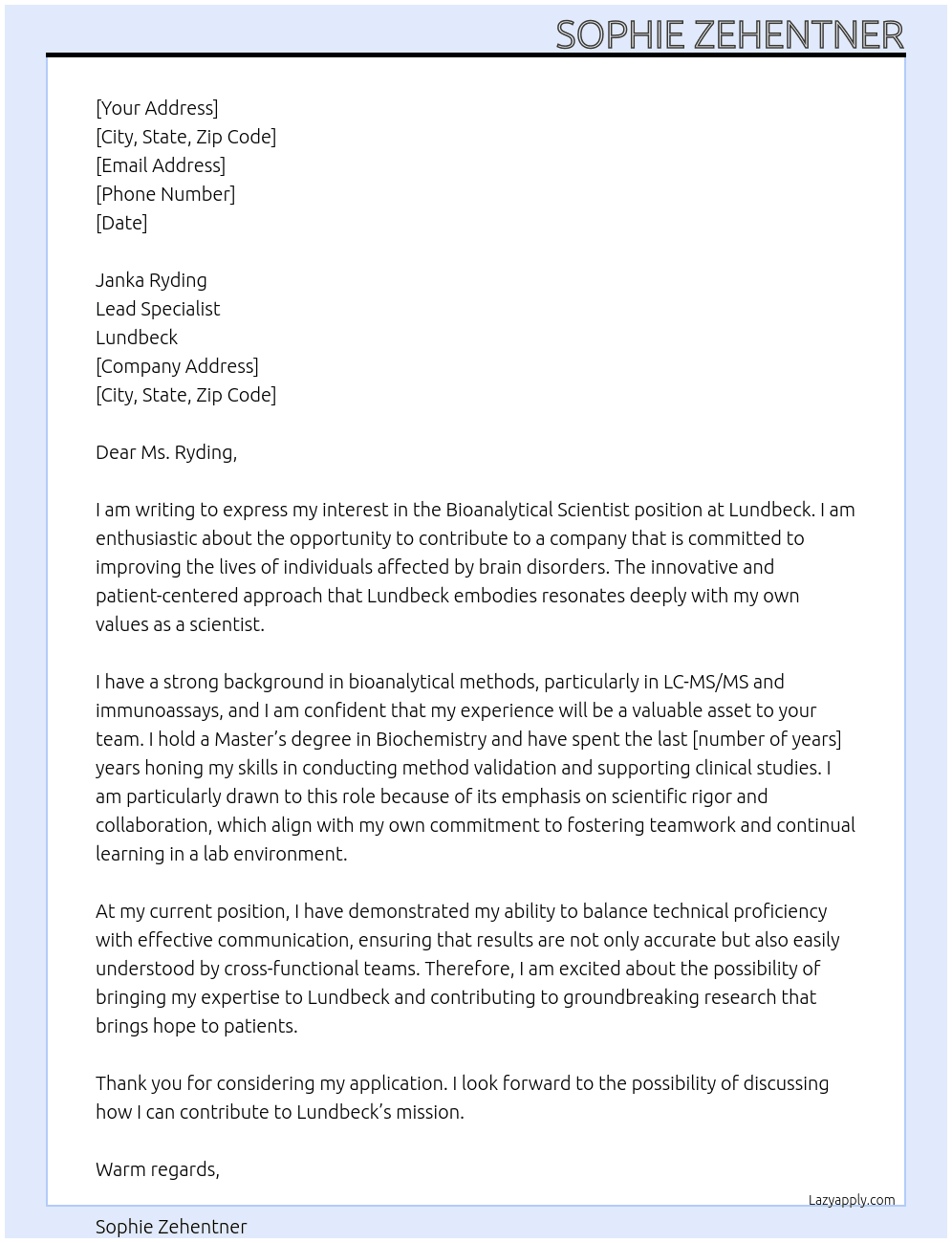 Bioanalytical scienist At Lundbeck Cover Letter
