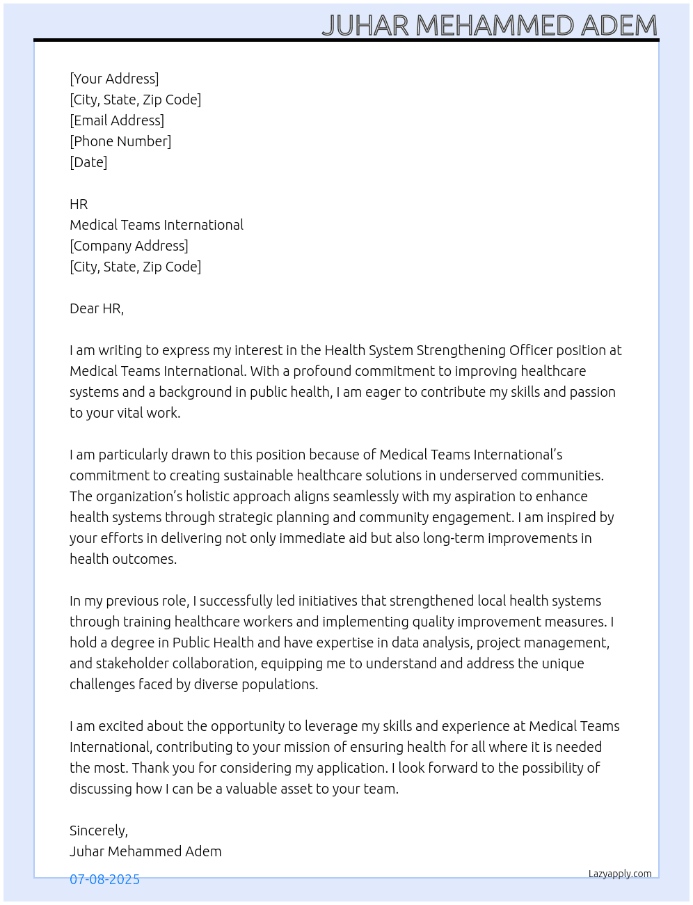 Cover letter for health system strengthening officer - LazyApply