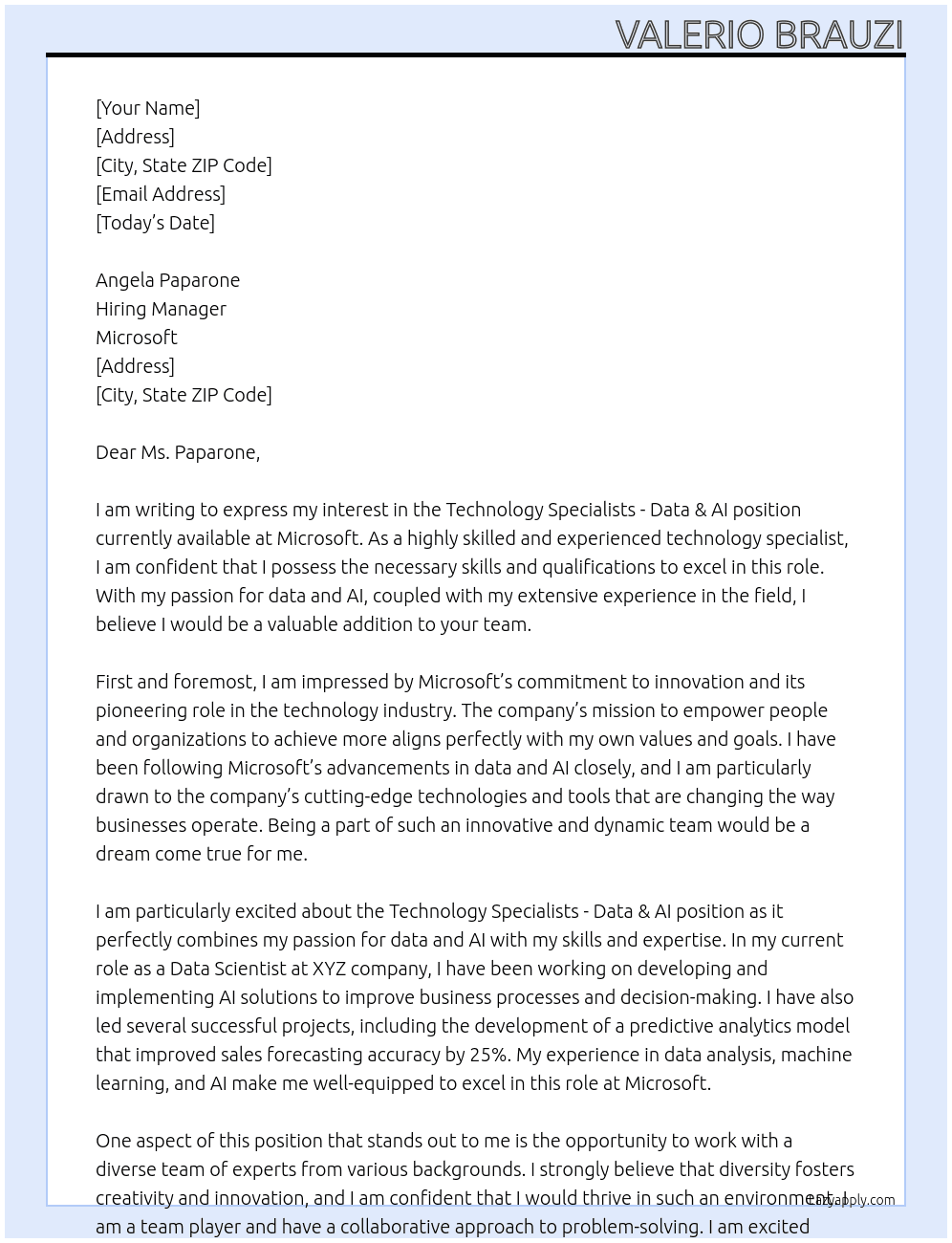 Cover letter for technology specialists - data & ai - LazyApply