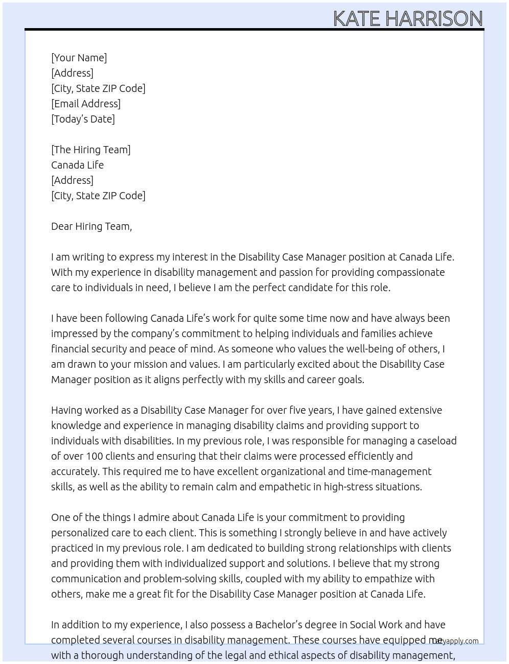 Disability Case Manager At Canada Life Cover Letter
