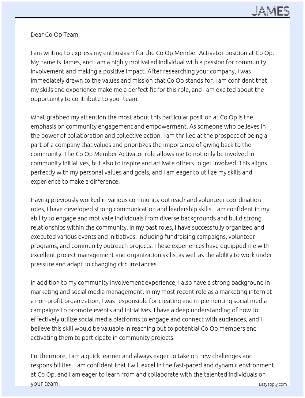 co op member activator At co op Cover Letter
