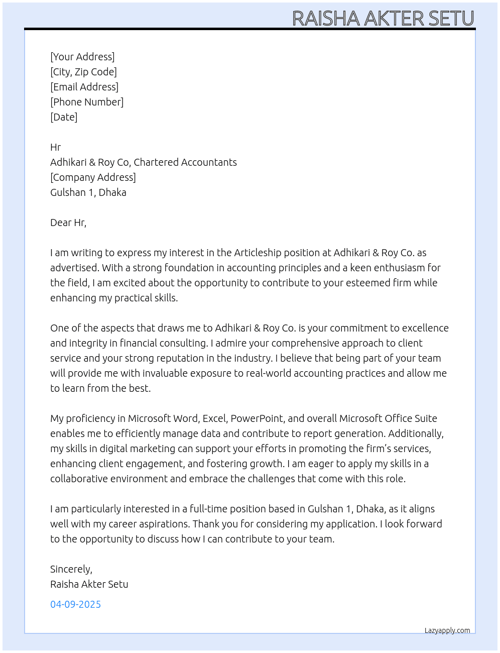 Articleship  At Adhikari & Roy Co,Charted Accountants  Cover Letter
