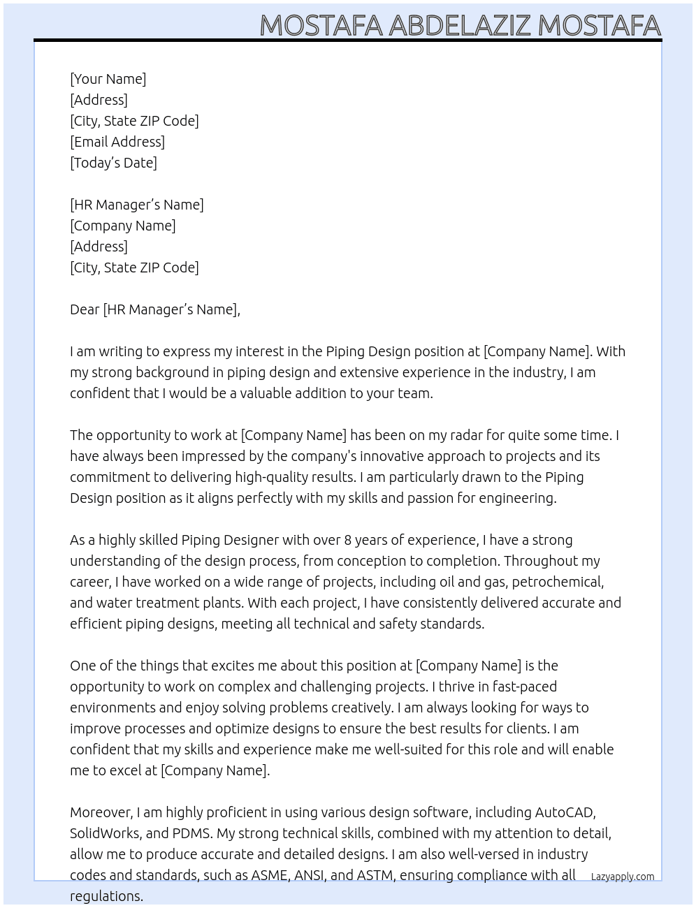 Cover letter for piping design - LazyApply