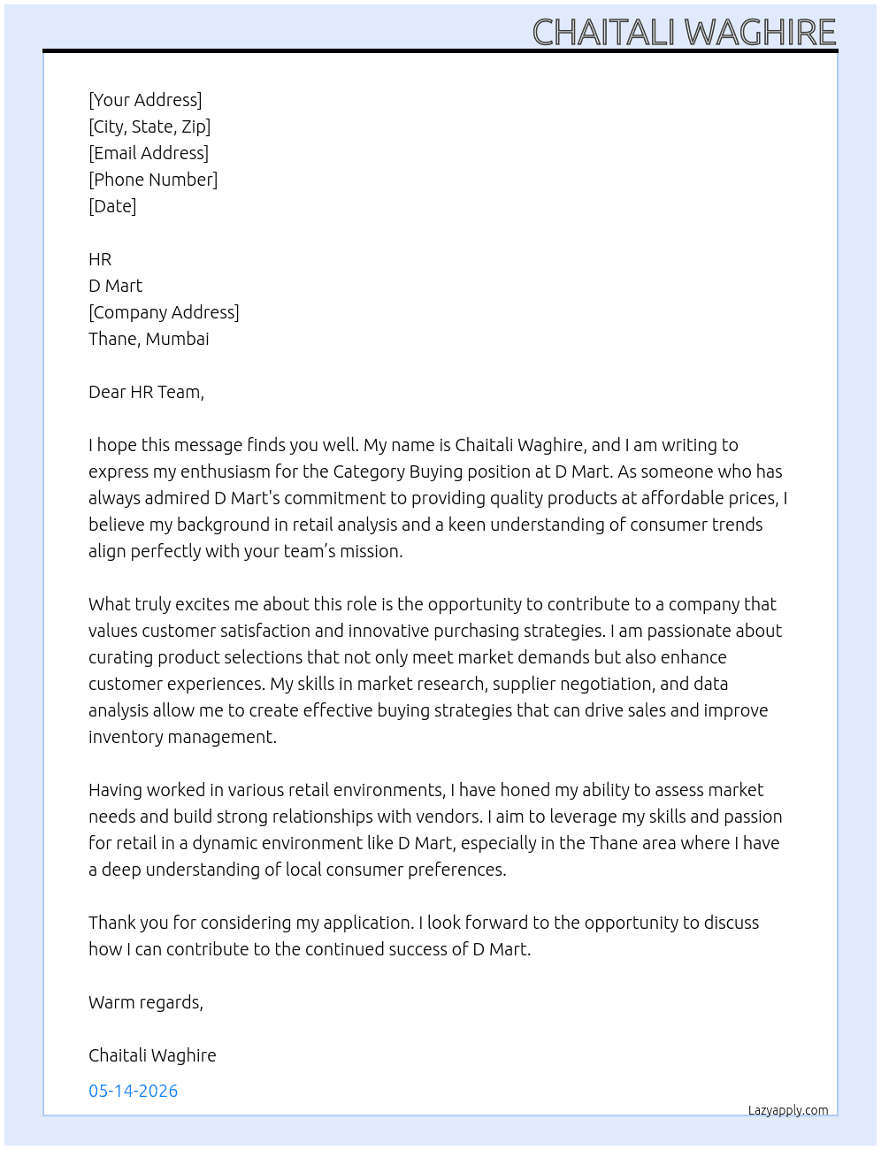 Category Buying At D mart Cover Letter
