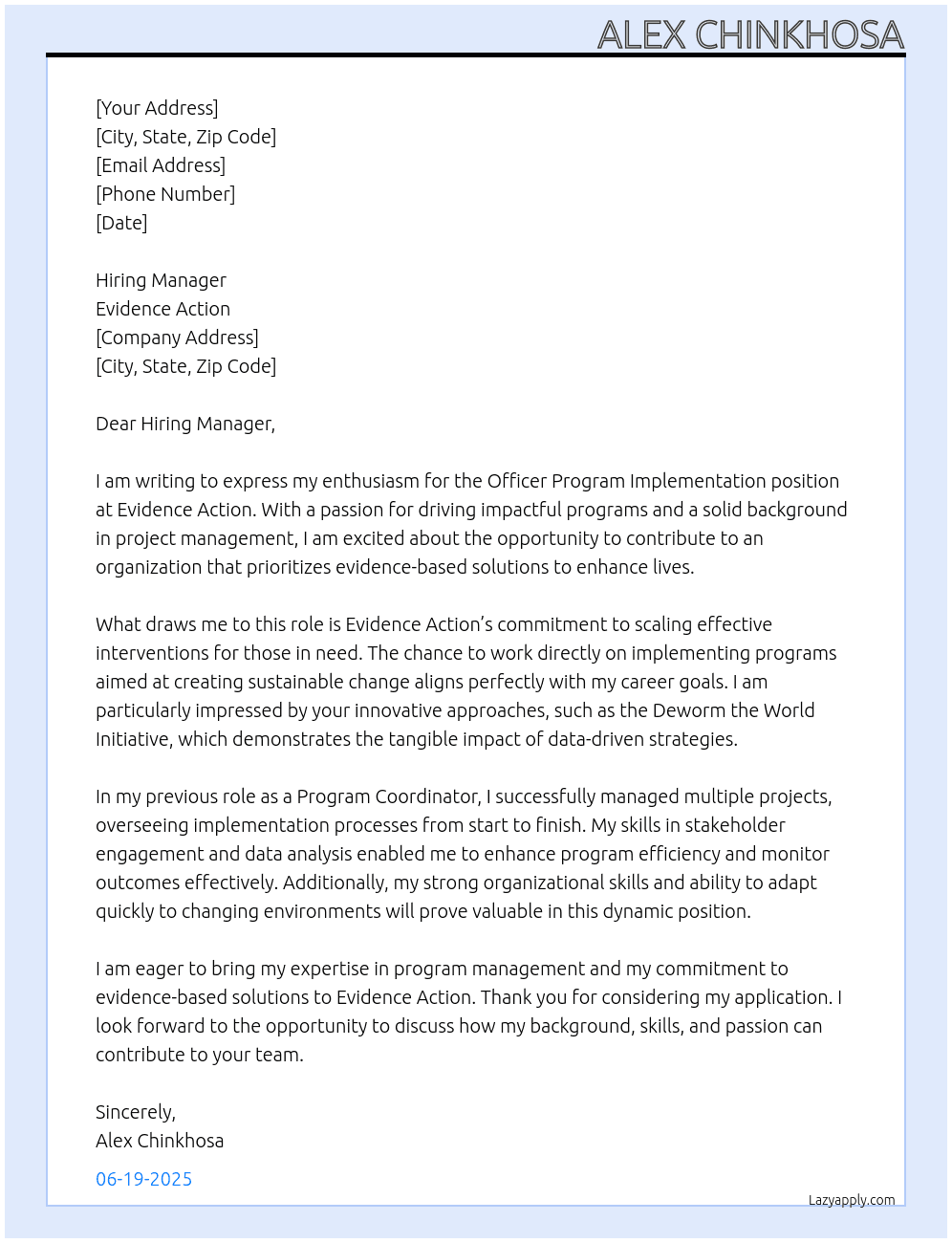 Officer program implementation At Evidence action Cover Letter