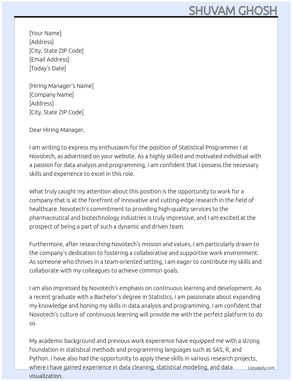 Statistical Programmer I At Novotech Cover Letter