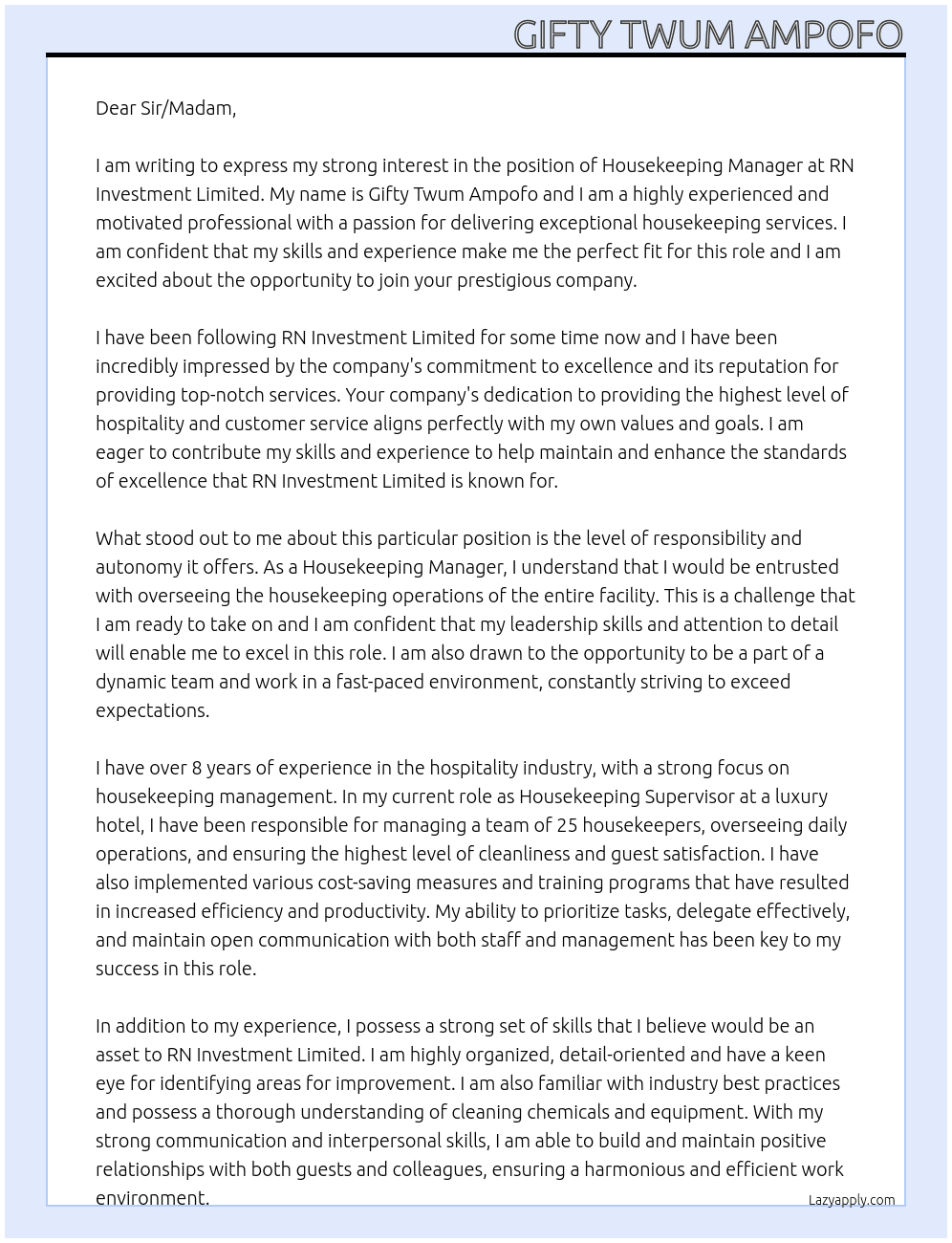 House keeping manager At RN Investment limited Cover Letter