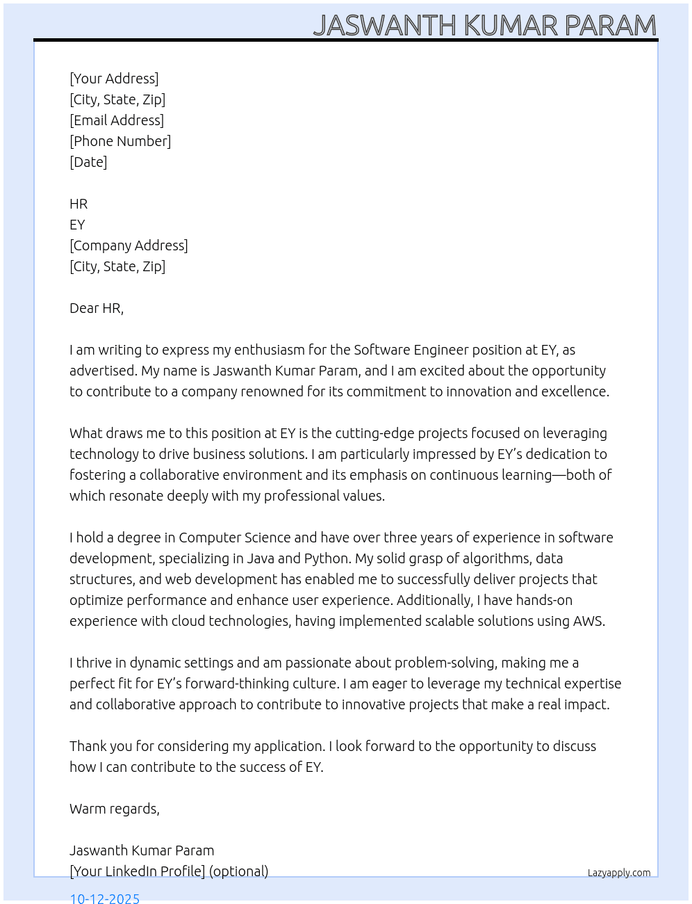 software Engineer At EY Cover Letter