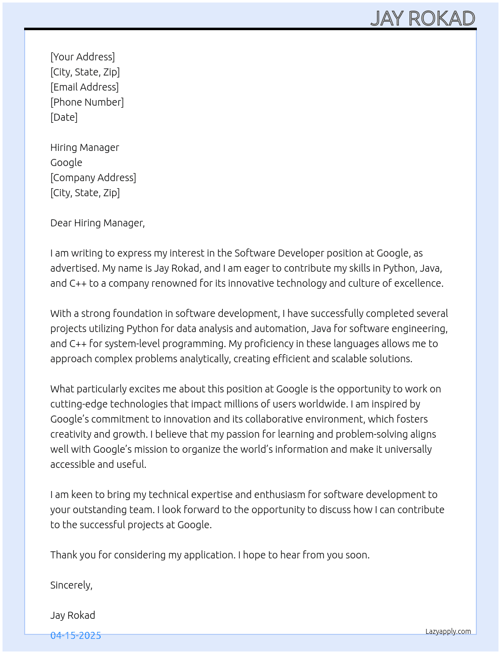 Cover letter for soft ware devloper - LazyApply