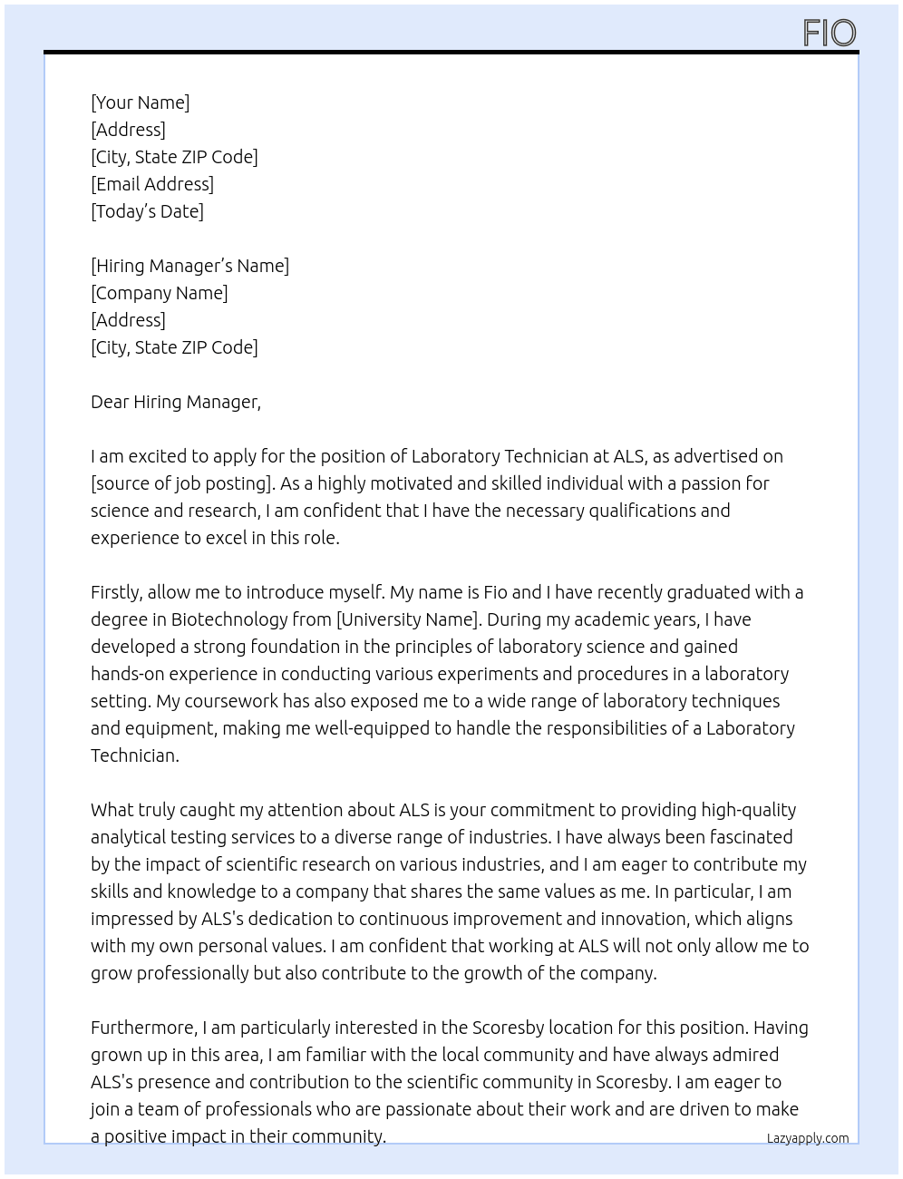 Laboratory Technician At ALS Cover Letter