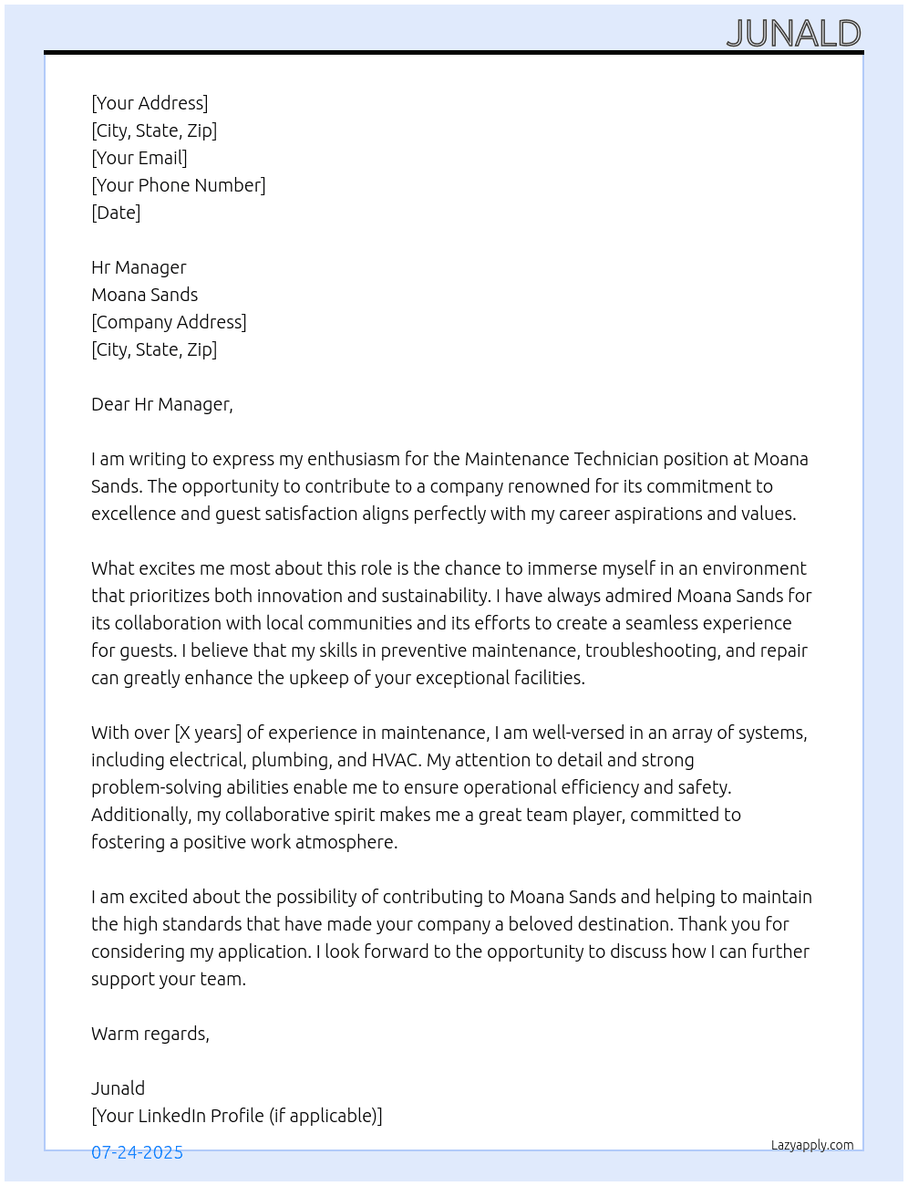 Maintenance Technician At Moana Sands Cover Letter