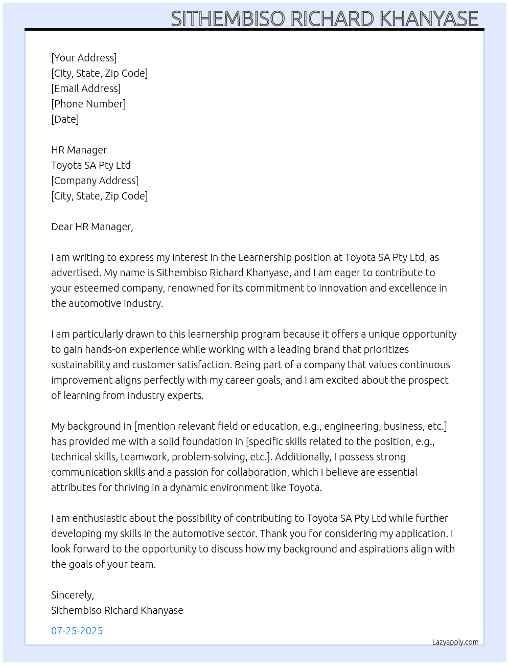 Learnership  At Toyota SA Pty Ltd  Cover Letter