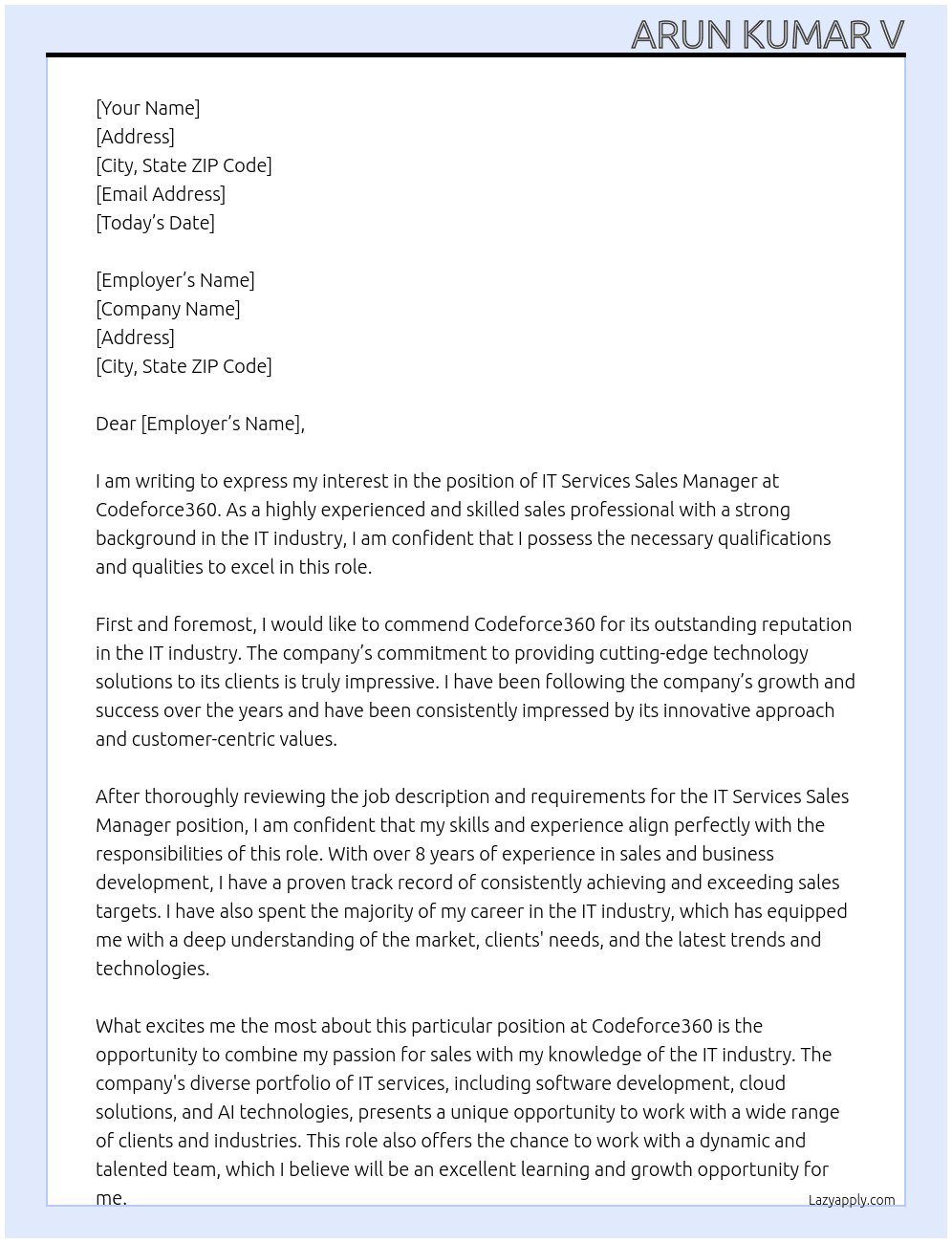 IT Services Sales Manager At Codeforce360 Cover Letter