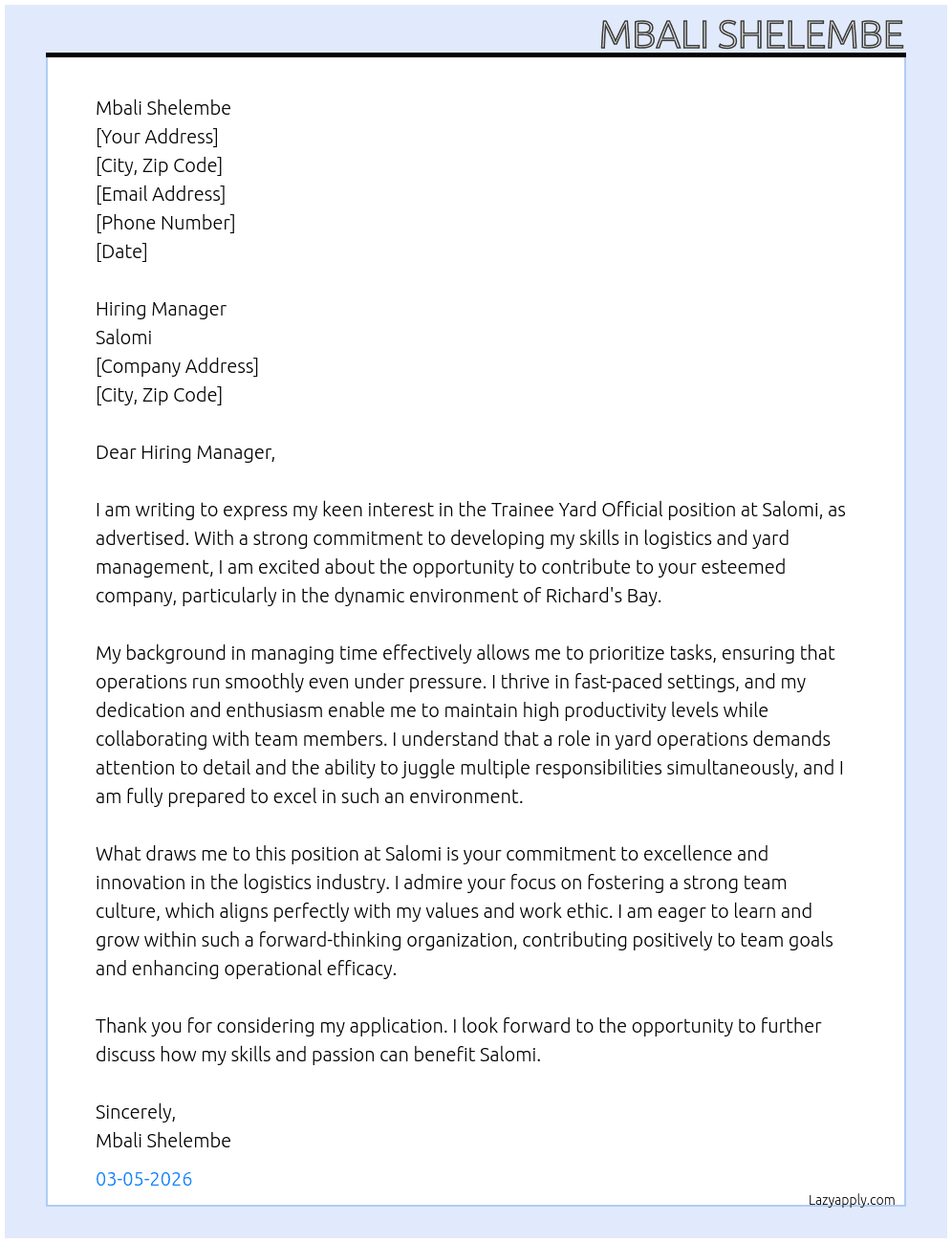 Trainee Yard Official  At Salomi Cover Letter