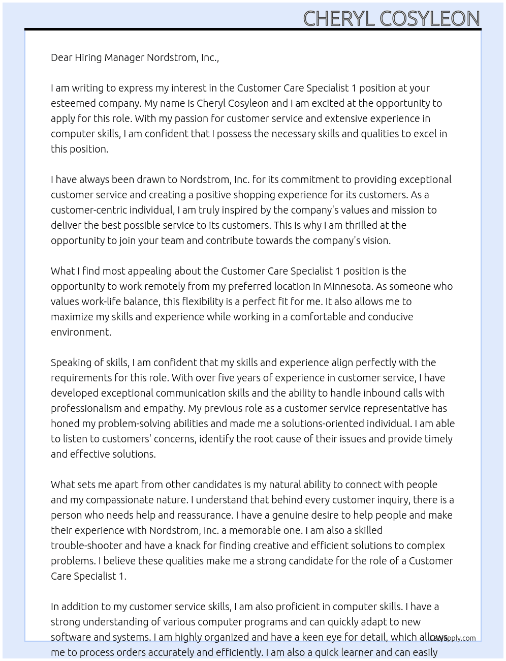 Hiring Manager At Customer Care Specialist 1 - Remote - Minnesota Cover Letter