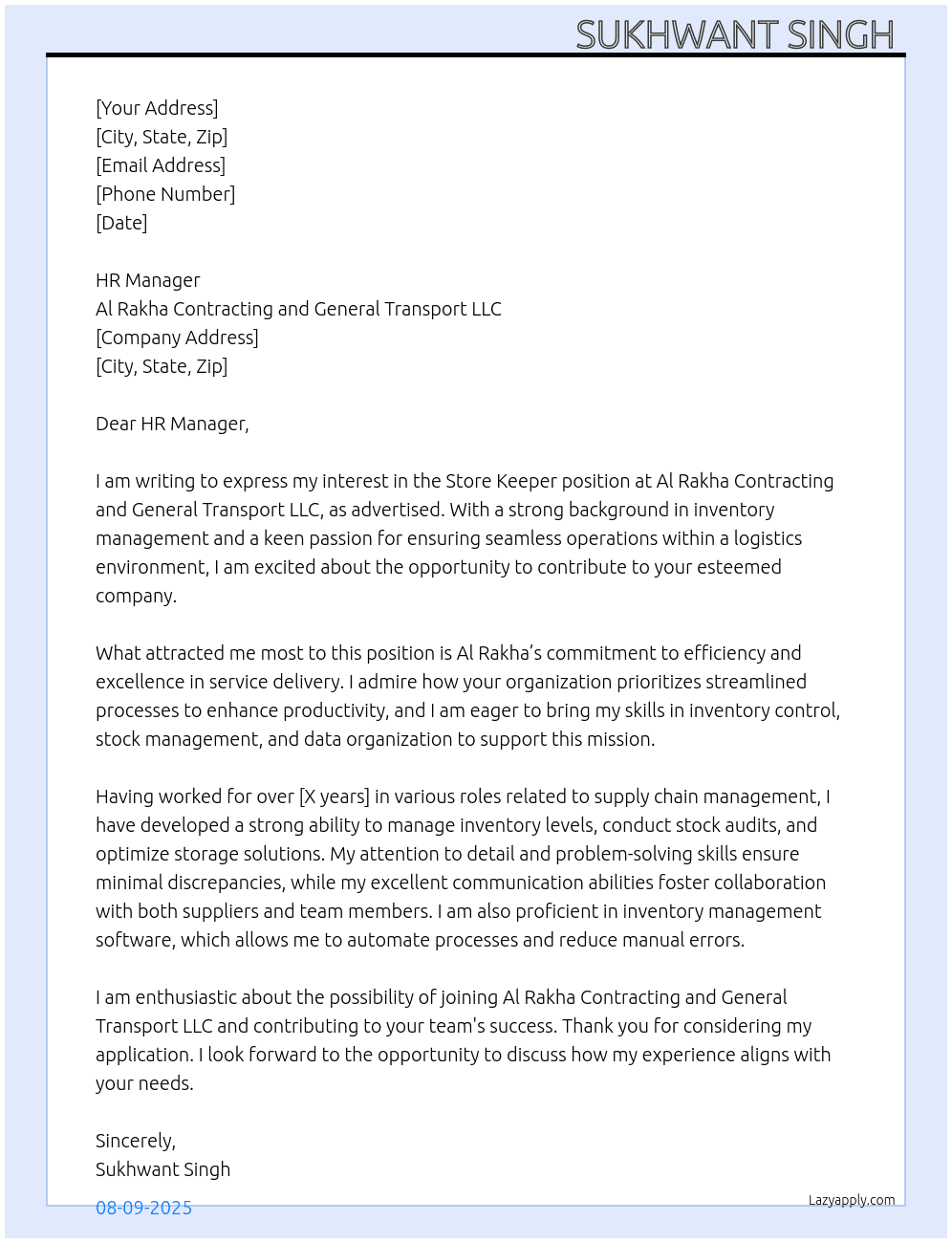 Store Keeper At Al Rakha Contracting and General Transport LLC Cover Letter