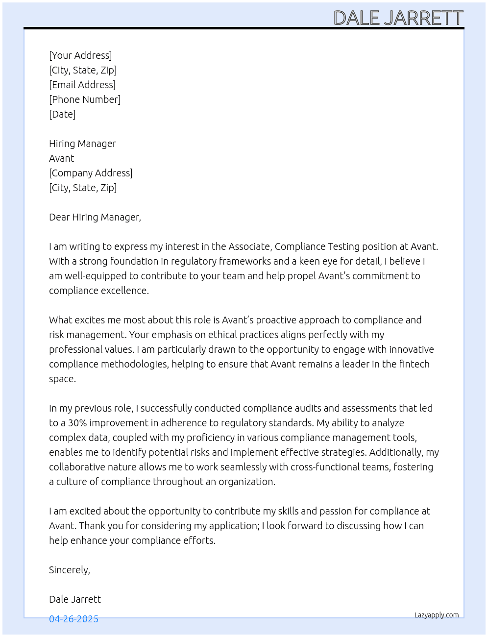 Associate, Compliance Testing At Avant Cover Letter