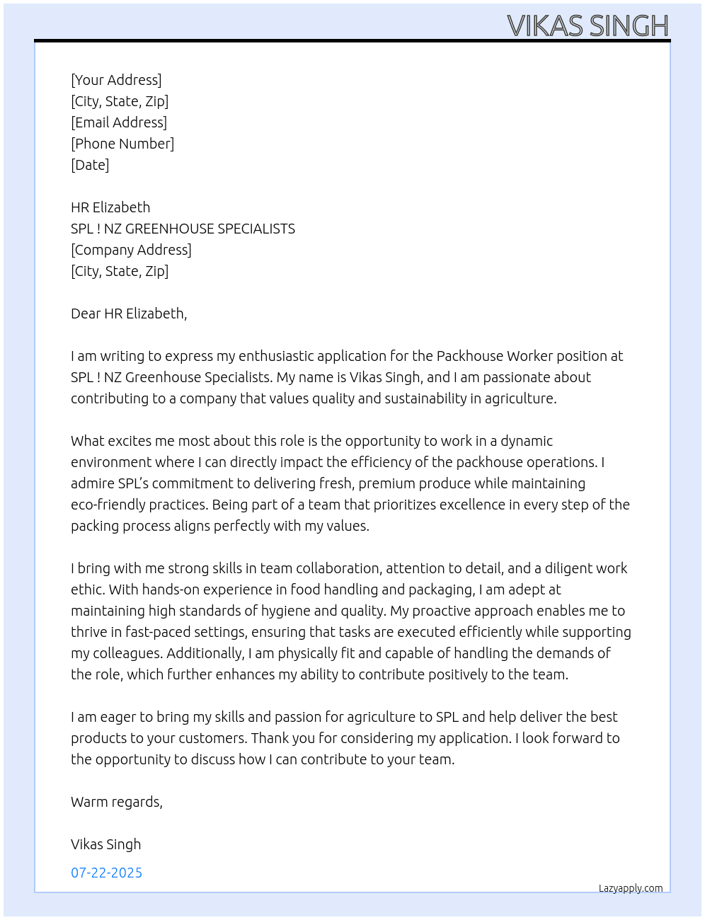 Packhouse Worker At SPL ! NZ GREENHOUSE SPECIALISTS Cover Letter