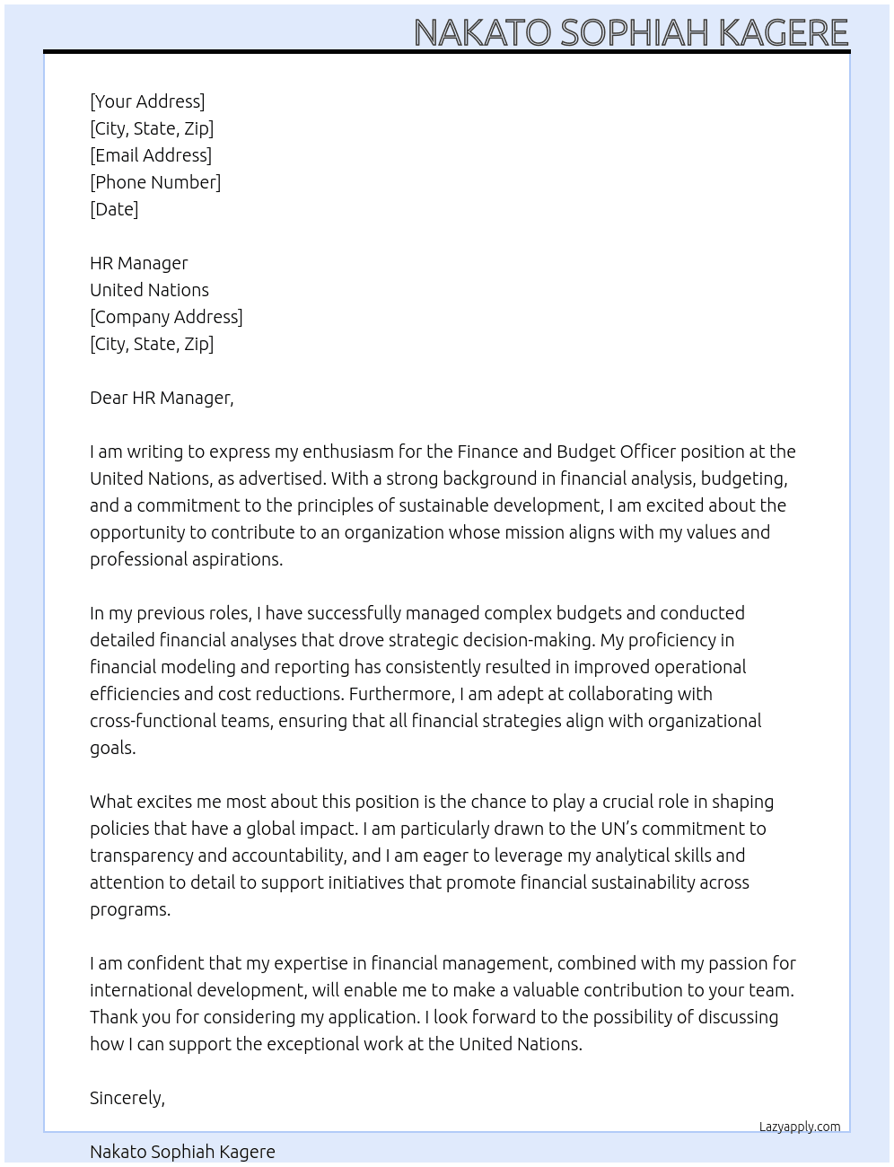 finance and budget officer At United nations  Cover Letter