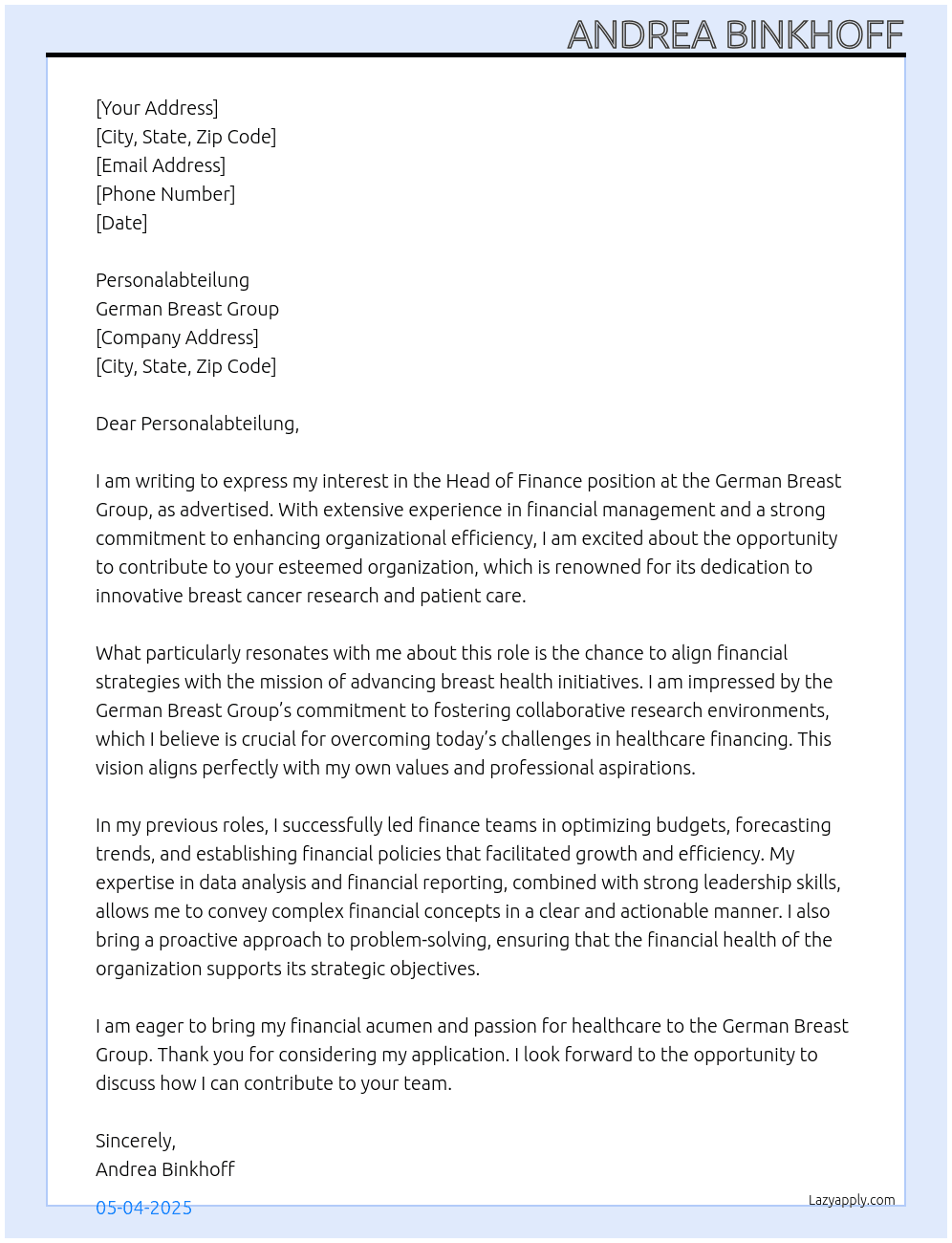 Head of Finance At German Breast Group Cover Letter