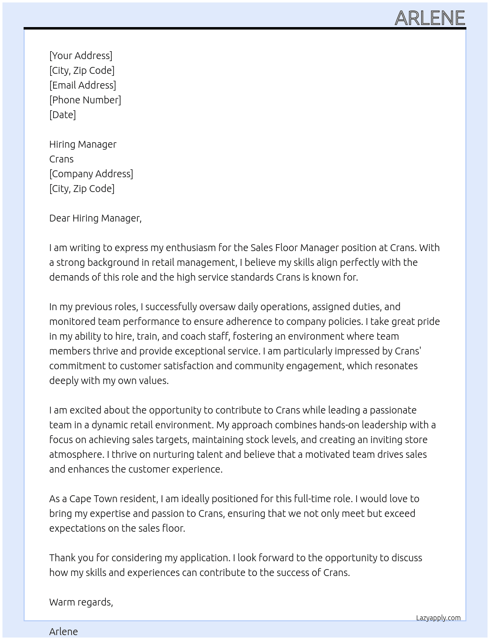 sales floor manager At crans Cover Letter