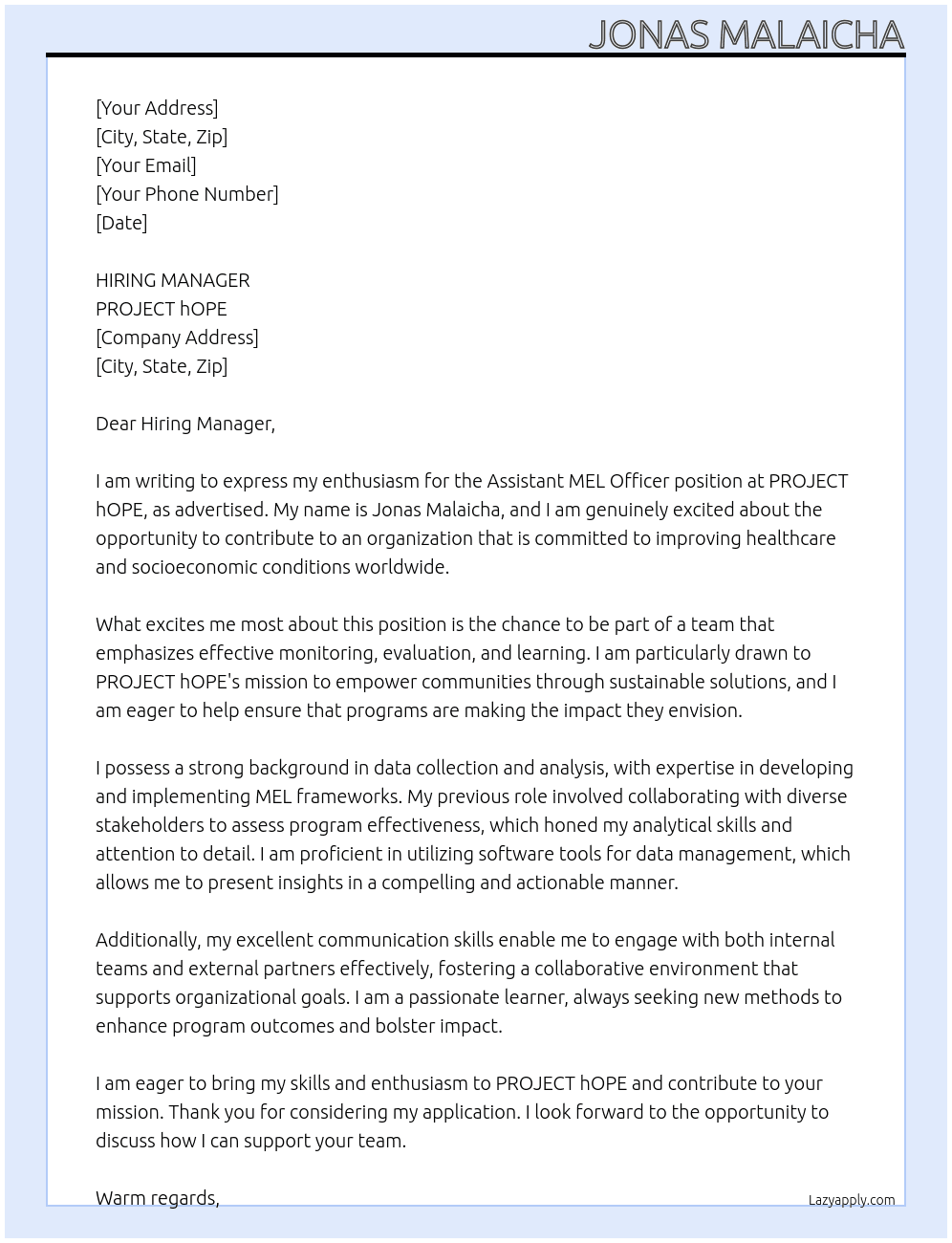Assistant MEL Officer At PROJECT hOPE Cover Letter