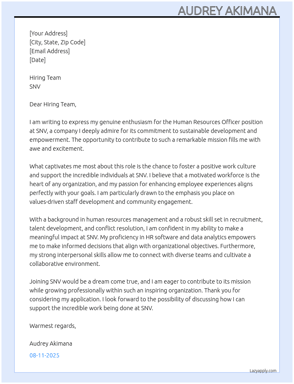 Human Resources officer  At SNV Cover Letter