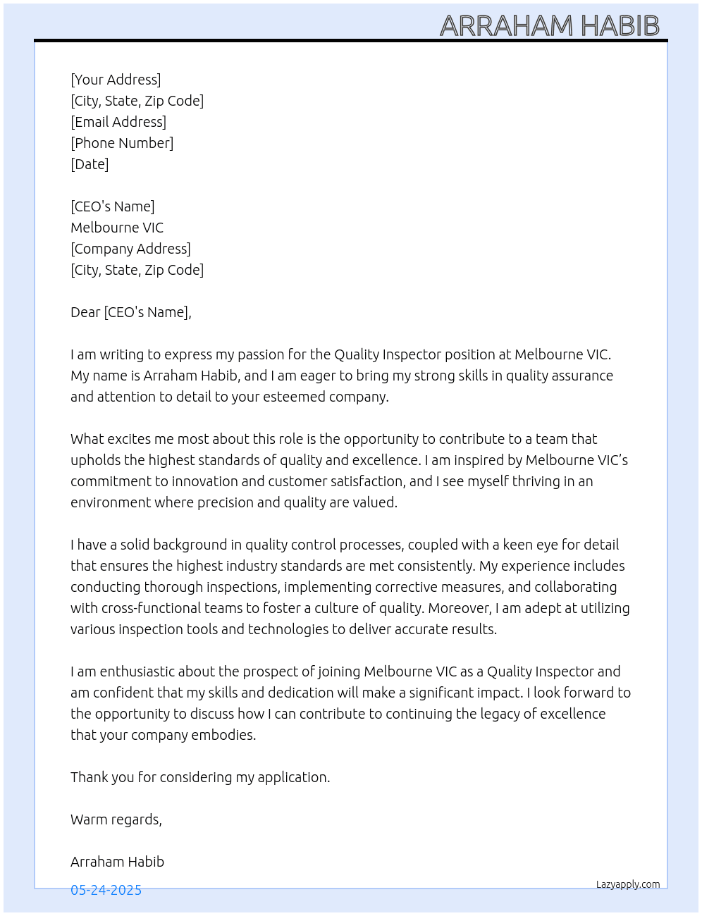 Quality inspector  At Melbourne VIC  Cover Letter