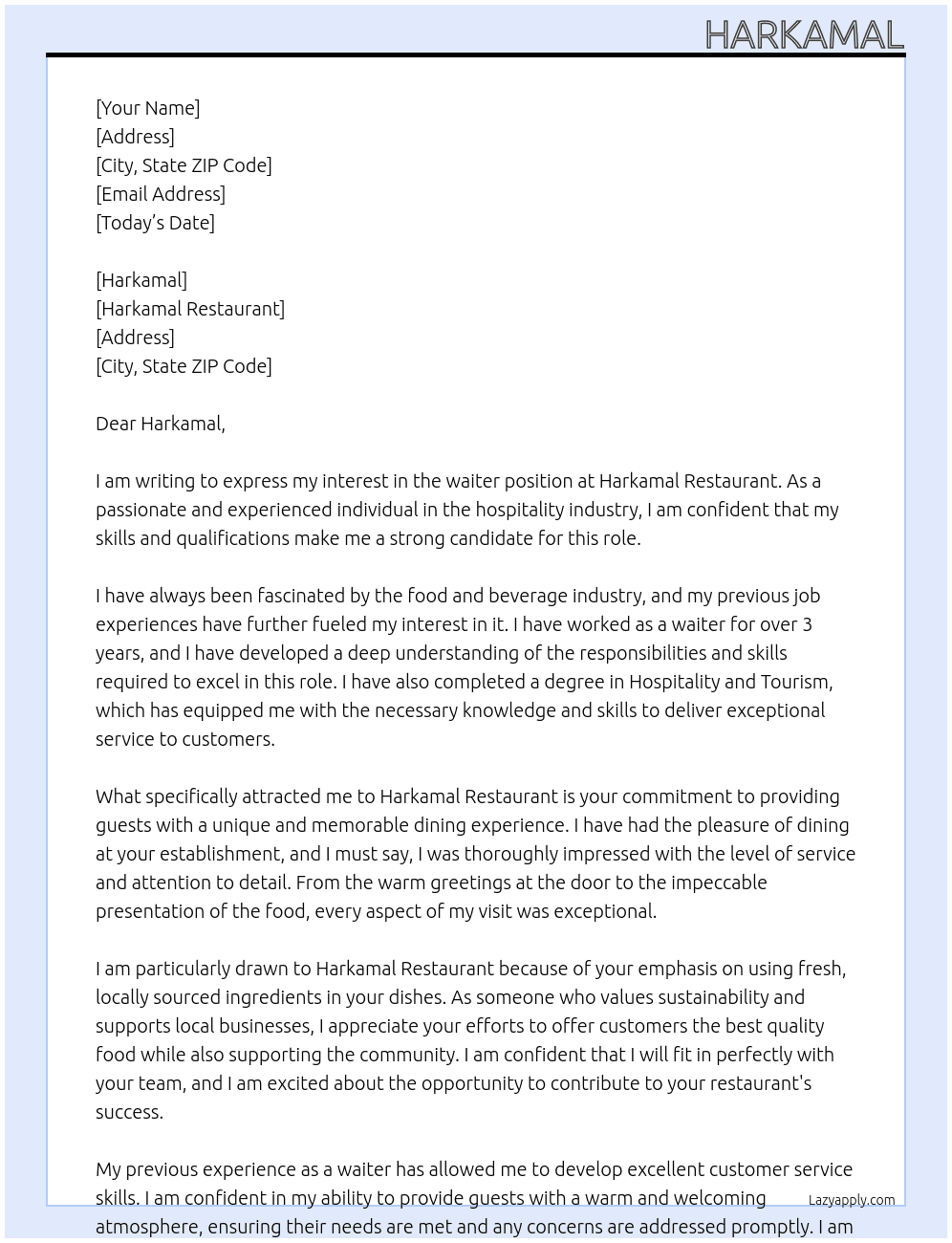 waiter At Harkamal Cover Letter