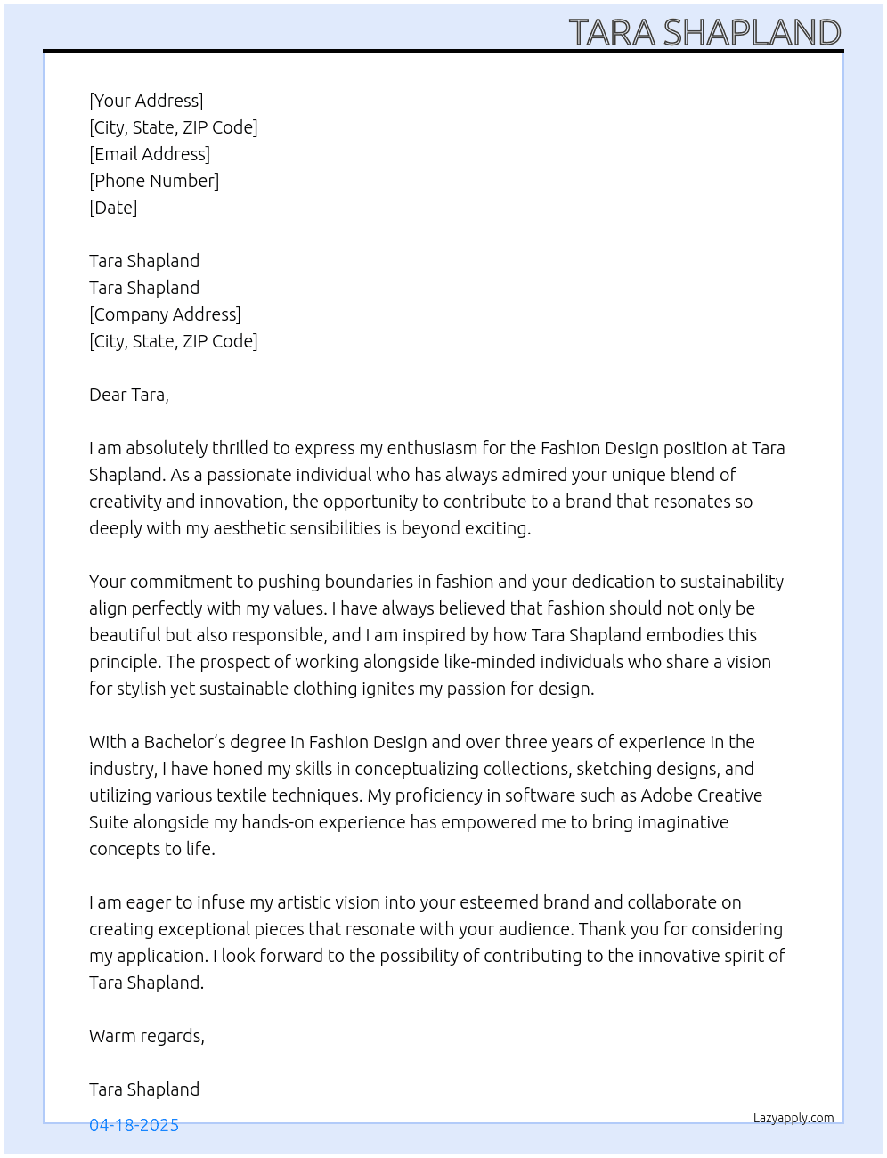 fashion design  At tara shapland Cover Letter