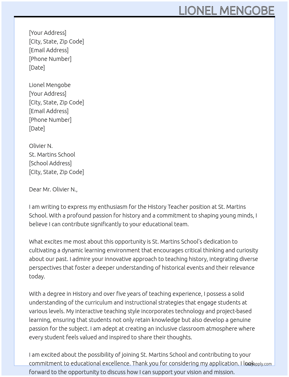 Cover letter for history teacher - LazyApply