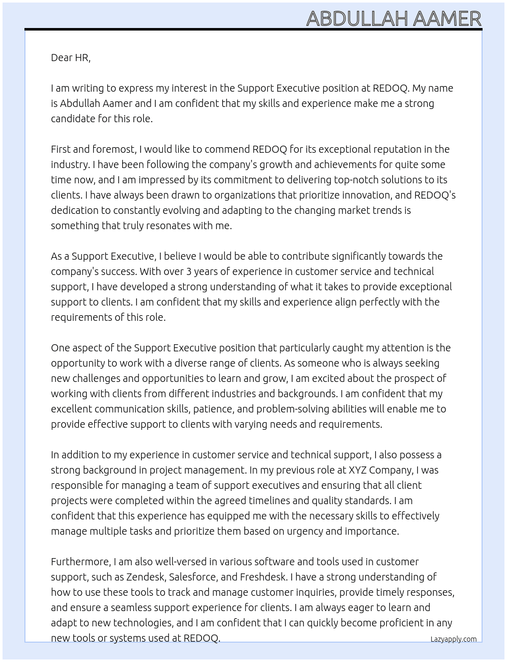 Support Executive At REDOQ Cover Letter