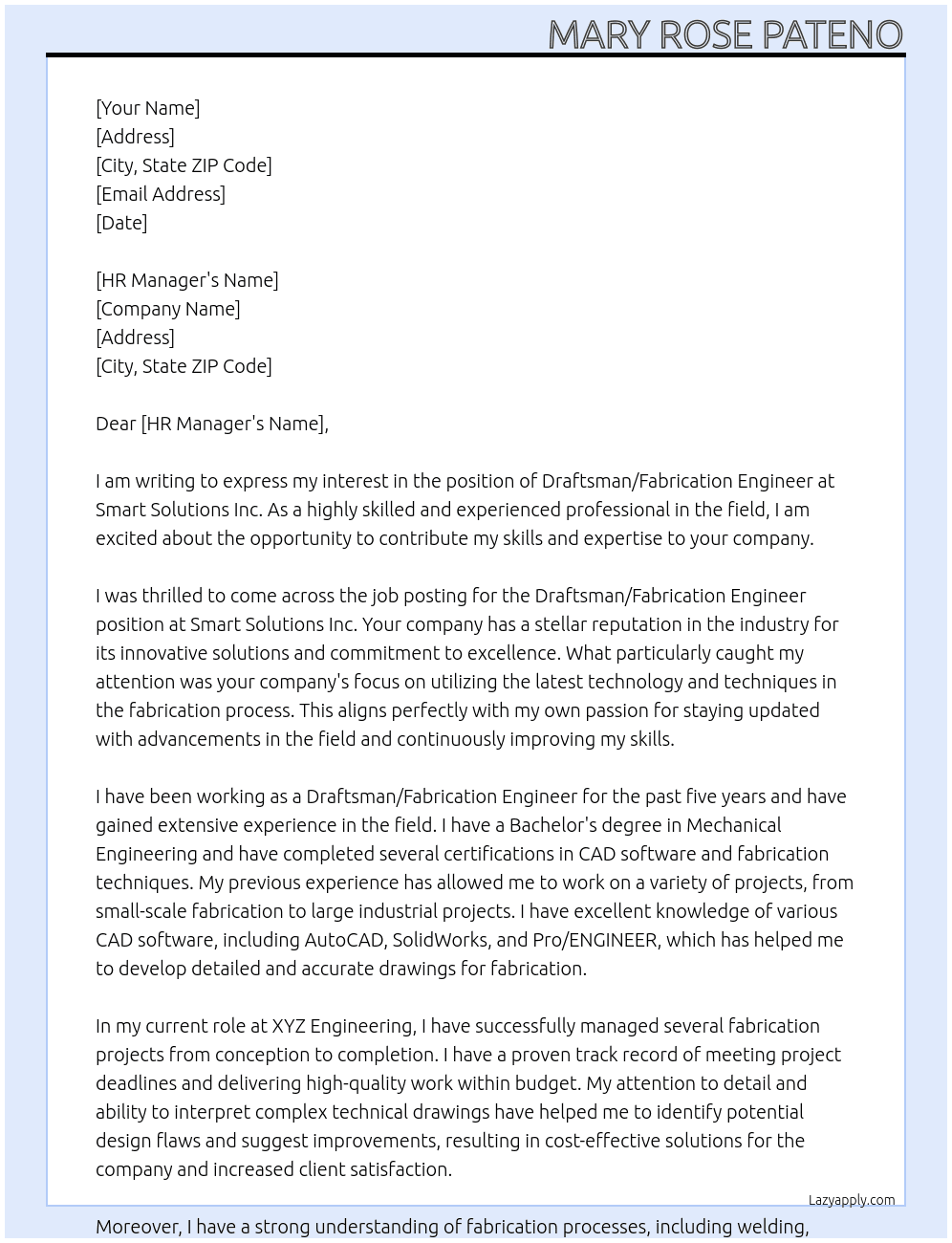 Cover letter for draftsman/fabrication engineer - LazyApply