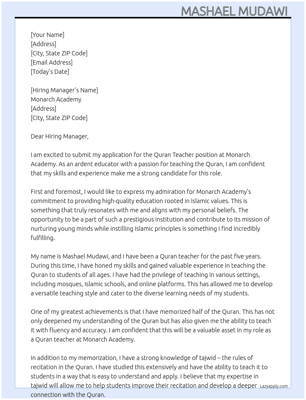 Cover letter for quran teacher - LazyApply
