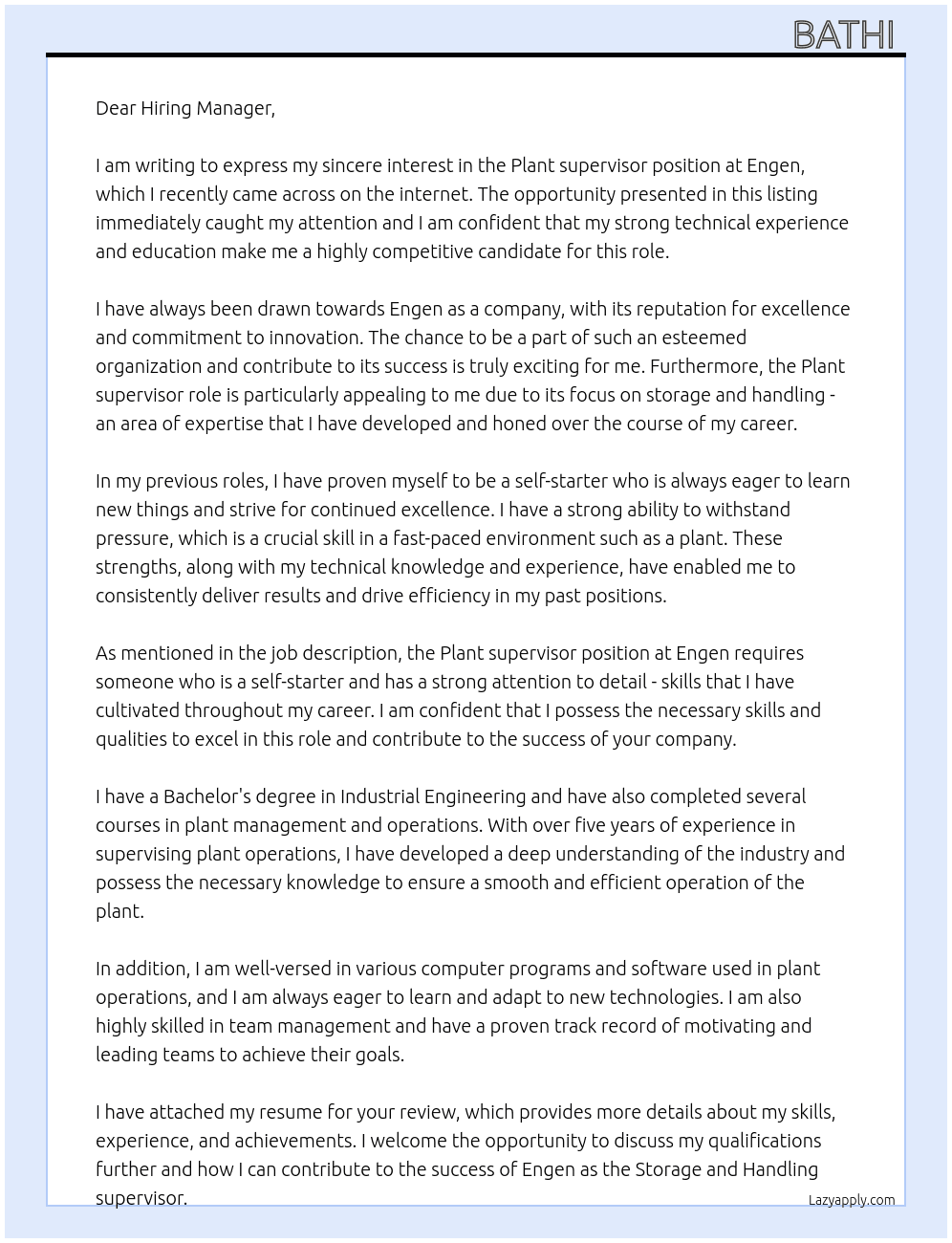 Storage and handling supervisor  At Engen  Cover Letter