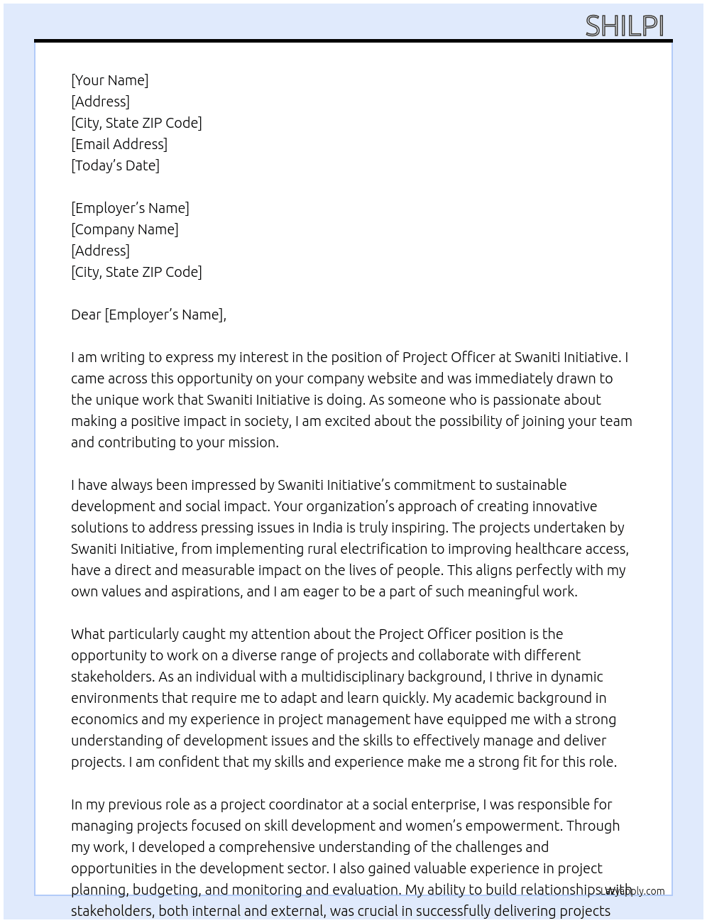 Project Officer At Swaniti Initiative Cover Letter