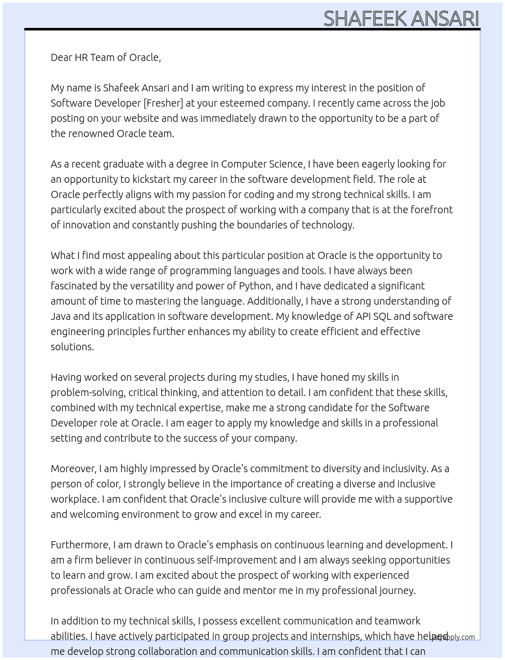 software developer [fresher] At oracle Cover Letter
