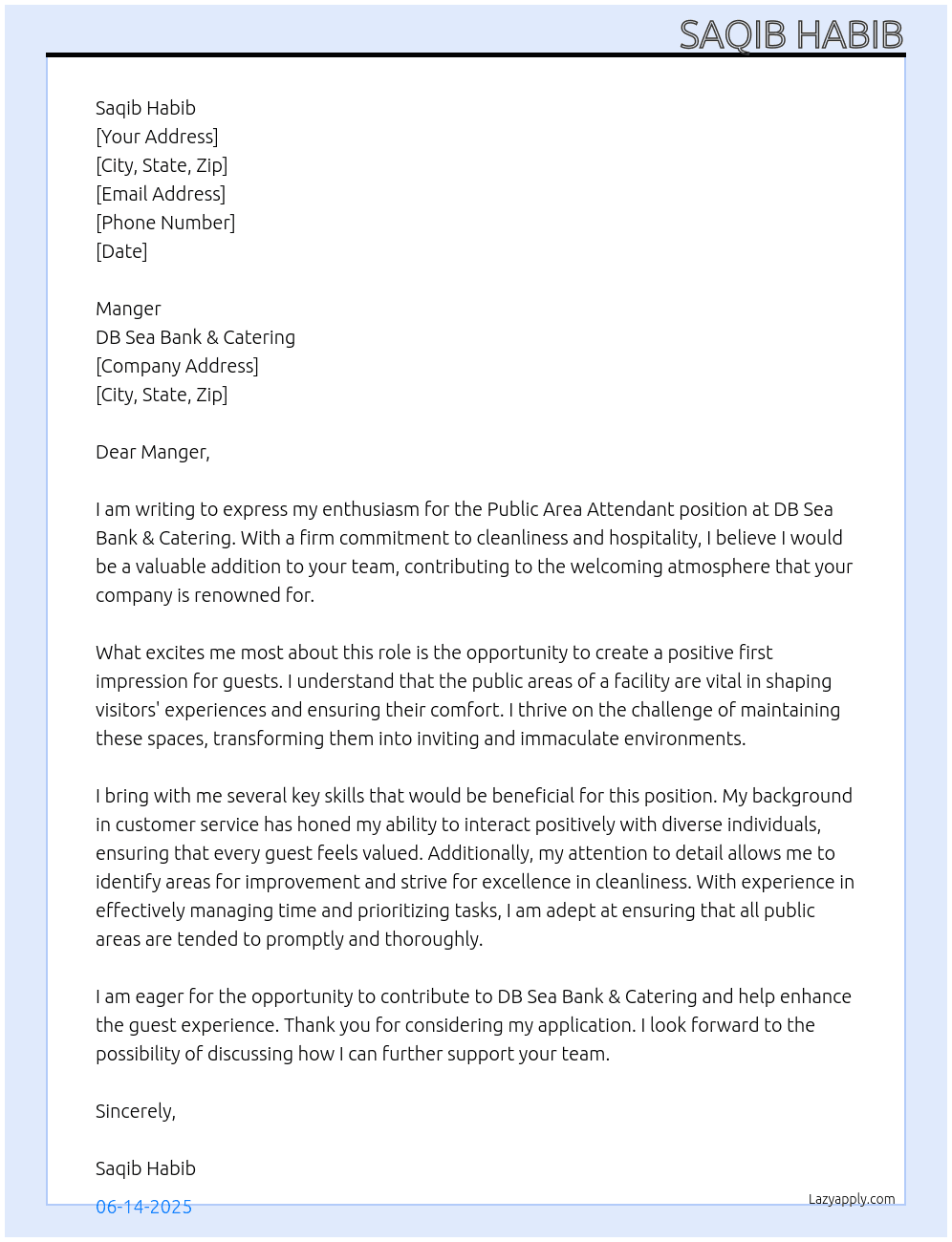 Public Area Attended  At DB Sea Bank & Catering Cover Letter