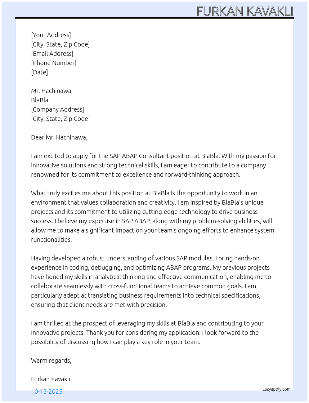 SAP ABAP Consultant At BlaBla Cover Letter