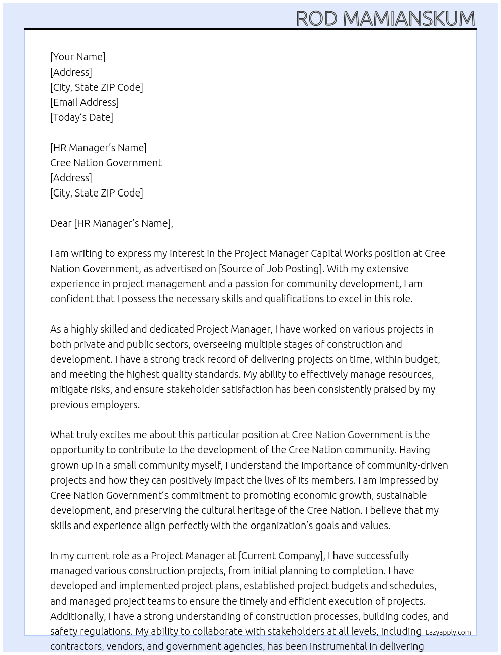 Project Manager Capital Works At Cree Nation Government Cover Letter