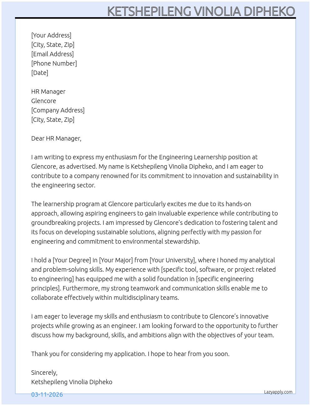Engineering learnership  At Glencore  Cover Letter