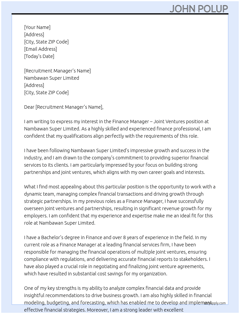 Finance Manager - Joint Ventures At Nambawan Super Limited Cover Letter
