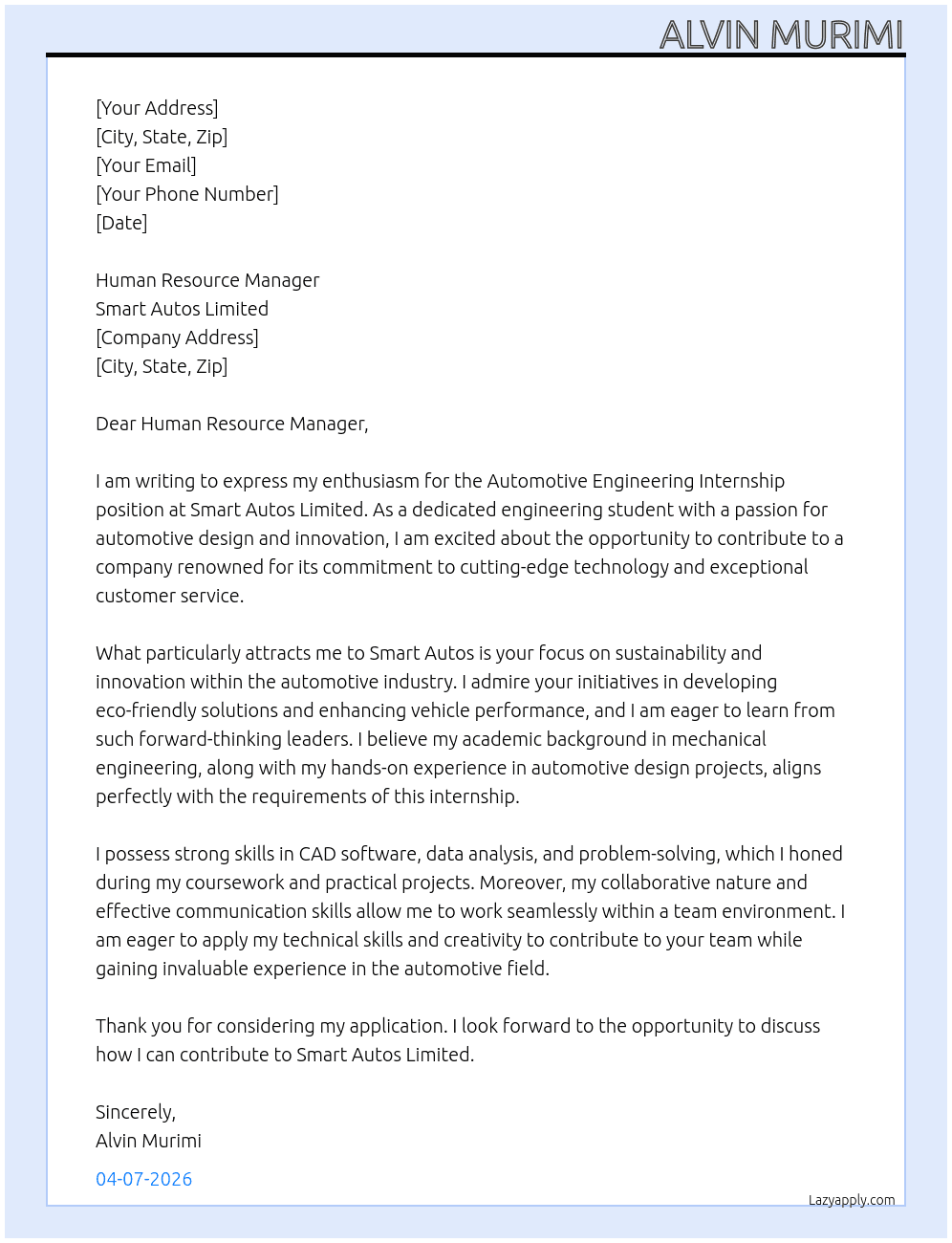 AUTOMOTIVE ENGINEERING INTERNSHIP At SMART AUTOS LIMITED Cover Letter