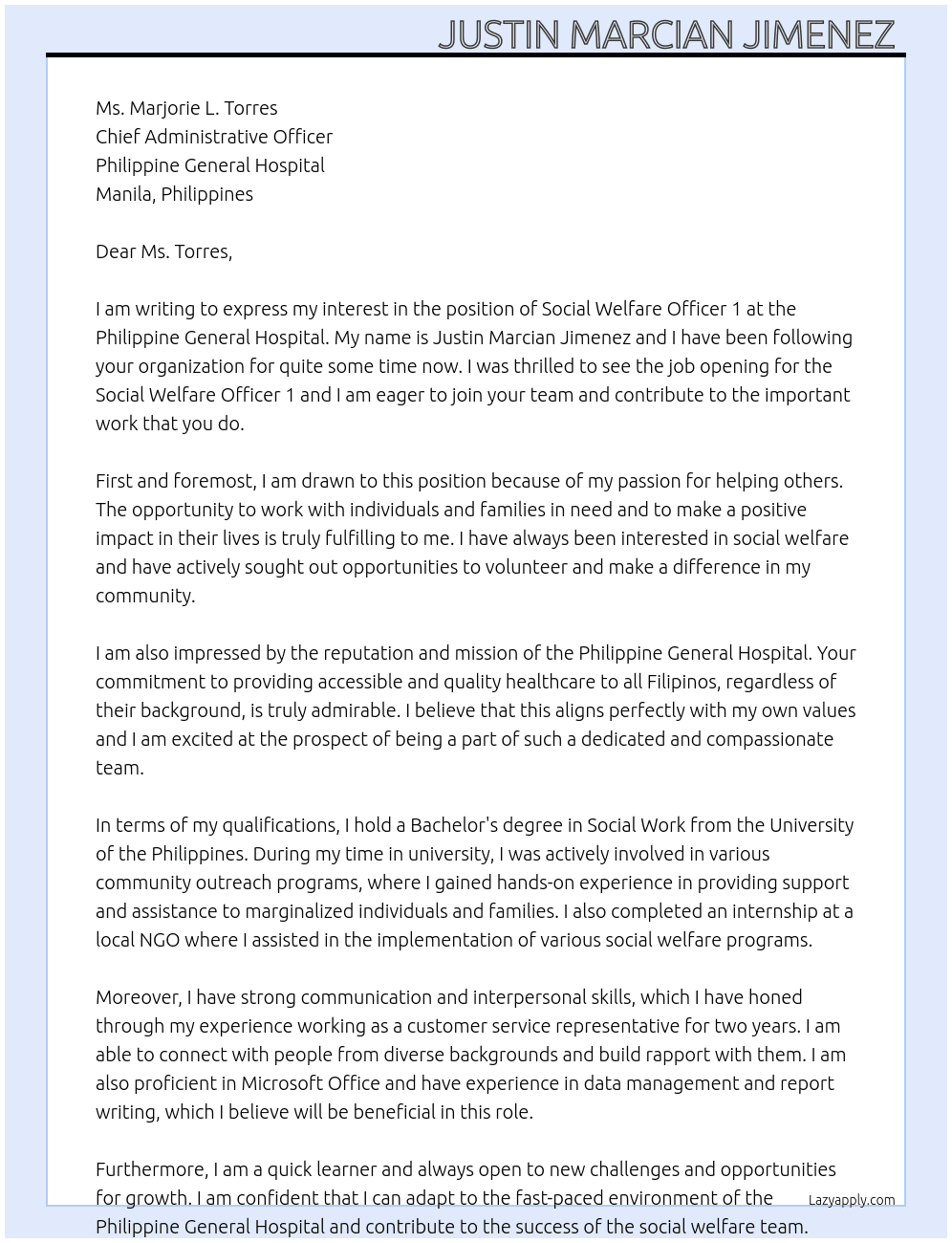 Social Welfare Officer 1 At Philippine General Hospital Cover Letter
