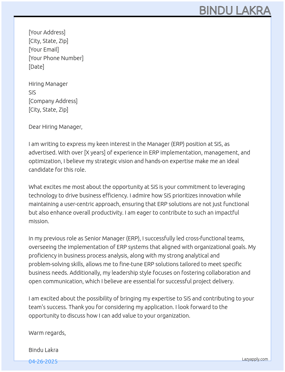 Manager(ERP) At SiS Cover Letter