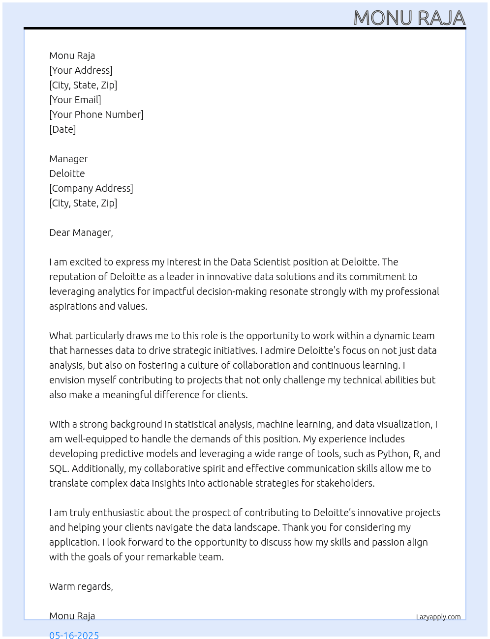 data scientist At Deolitte Cover Letter