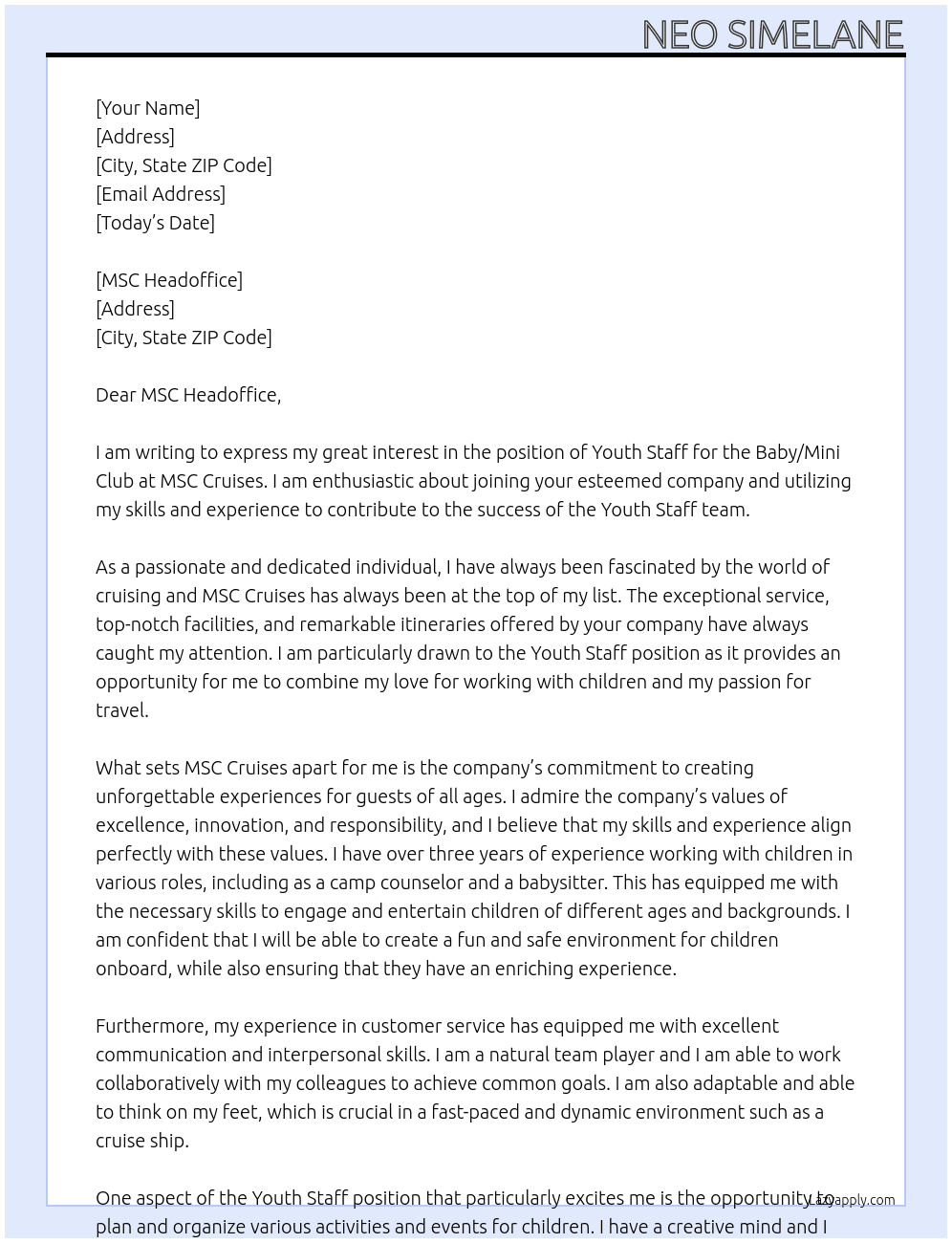 Youth Staff baby/Mini Club At MSC Cruises Cover Letter