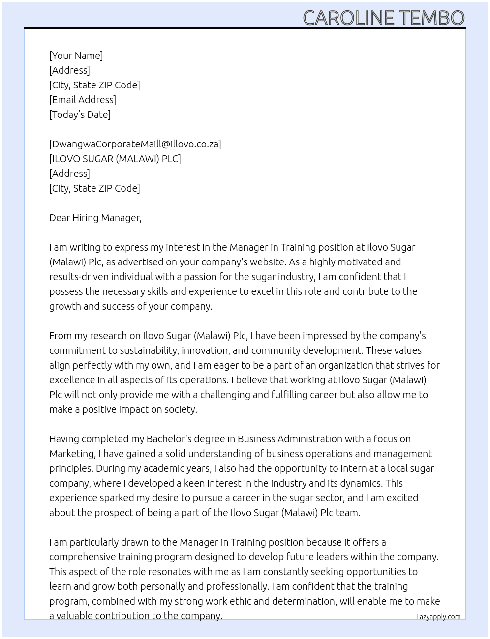 Manager in Training At Ilovo Sugar (Malawi) Plc Cover Letter