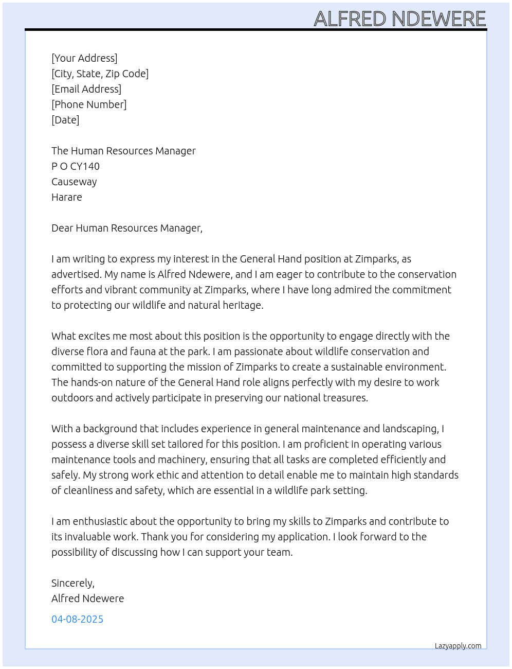 General Hand wildlife park At Zimparks Cover Letter